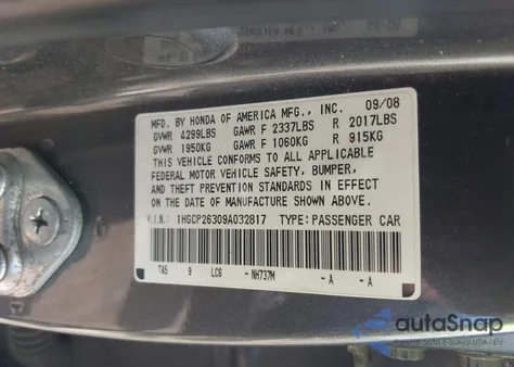 2009 Honda Accord 2.4 Lx z USA, uszkodzony, nr VIN 1HGCP26309A032817